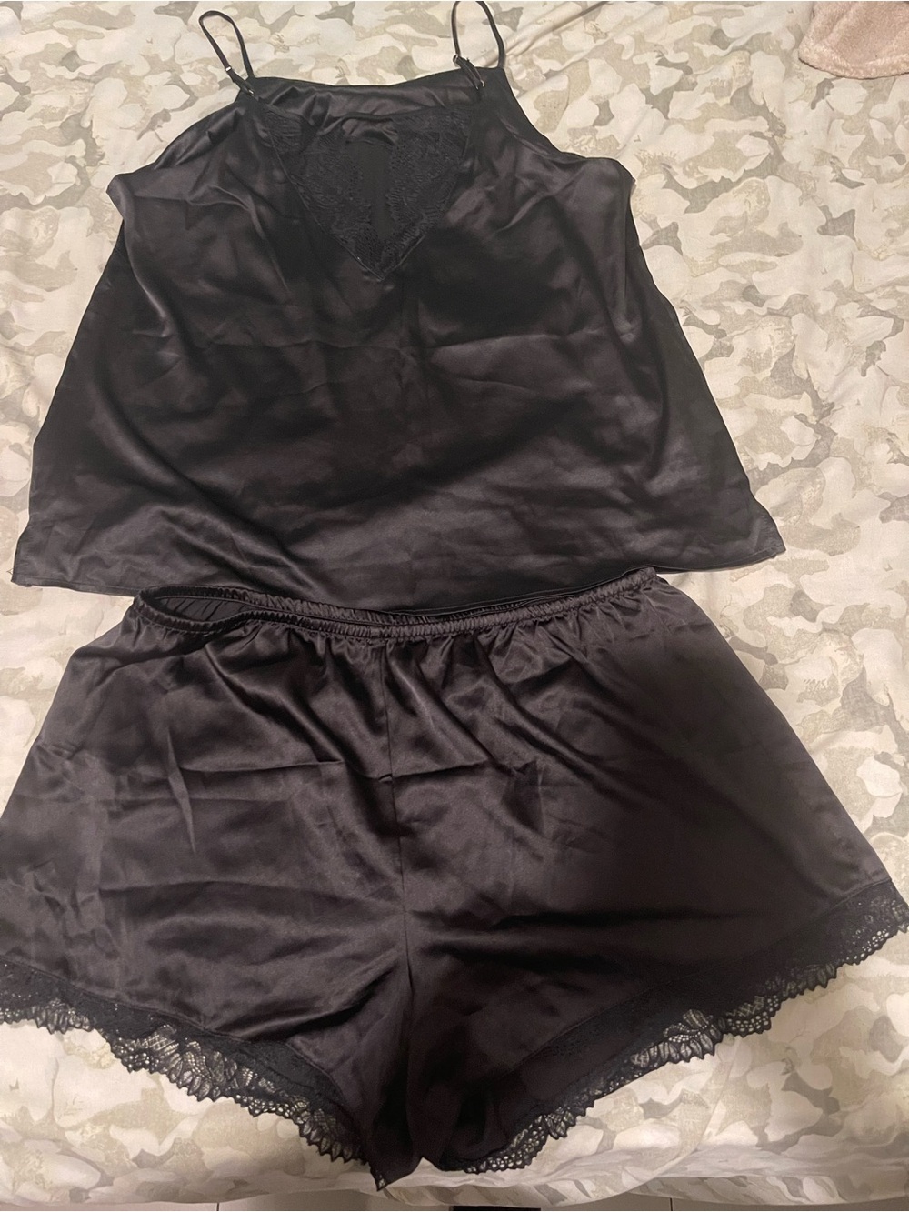 Black Satin Lace-Trim Cami & Short Sleep Set